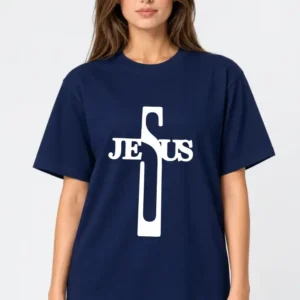 Camiseta feminina Azul Marinho 100% algodão 30.1 penteado premium (estampa Jesus)