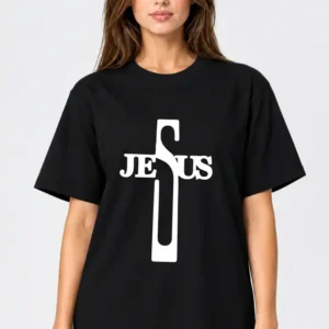 Camiseta feminina Preta 100% algodão 30.1 penteado premium (estampa Jesus)
