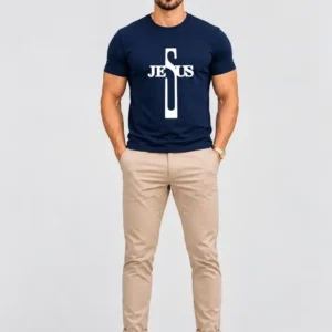 Camiseta Masculina Azul Marinho 100% Algodão 30.1 Penteado (Estampa Jesus)