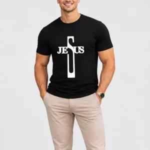 Camiseta Masculina Preta 100% Algodão 30.1 Penteado (Estampa Jesus)