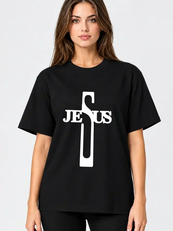 Camiseta feminina Preta 100% algodão 30.1 penteado premium (estampa Jesus)