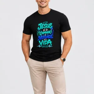Camiseta Masculina Preta 100% Algodão 30.1 Penteado (Estampa Biblica)