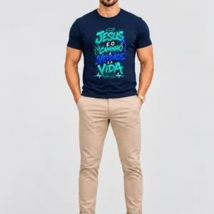 Camiseta Masculina Azul Marinho 100% Algodão 30.1 Penteado (Estampa Biblica)