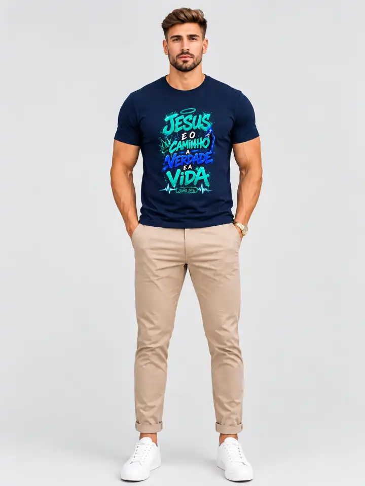 Camiseta Masculina Azul Marinho 100% Algodão 30.1 Penteado (Estampa Biblica)