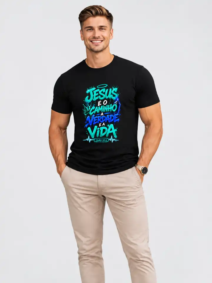 Camiseta Masculina Preta 100% Algodão 30.1 Penteado (Estampa Biblica)