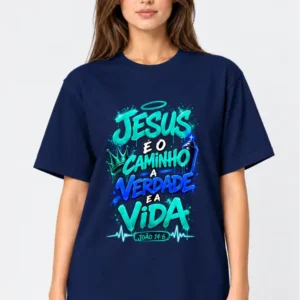 Camiseta feminina Azul Marinho 100% algodão 30.1 penteado premium (estampa biblica)