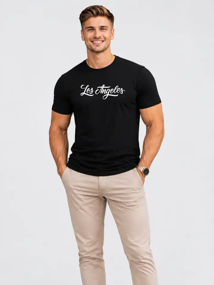 Camiseta Masculina Los Angeles Preta 100% Algodão 30.1 Penteado (Estampa branca)