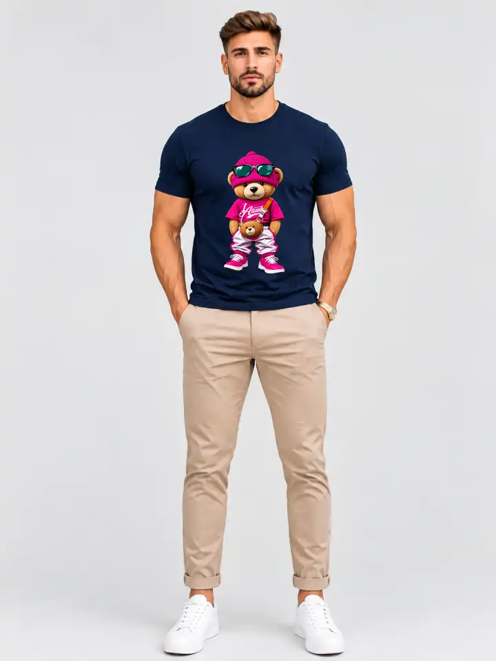 Camiseta Masculina Azul Marinho 100% Algodão 30.1 Penteado (Estampa ted)