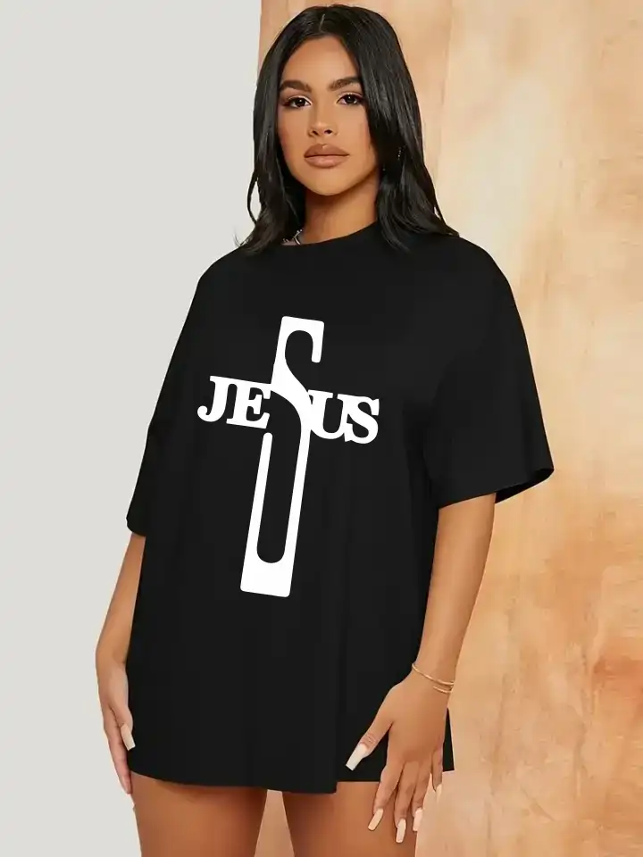 Camiseta feminina Preta 100% algodão 30.1 penteado premium (estampa Jesus) - Image 2