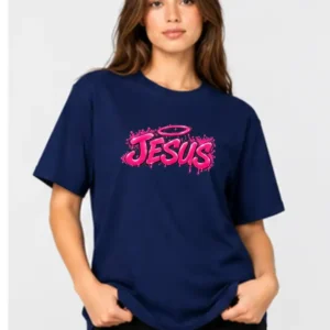 Camiseta feminina Azul Marinho 100% algodão 30.1 penteado premium (estampa Jesus rosa)