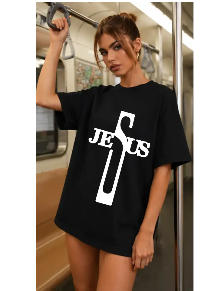 Camiseta feminina Preta 100% algodão 30.1 penteado premium (estampa Jesus) - Image 3
