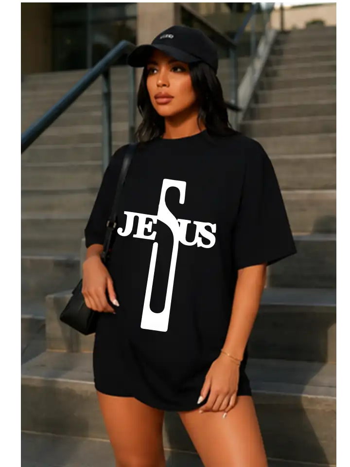 Camiseta feminina Preta 100% algodão 30.1 penteado premium (estampa Jesus) - Image 4