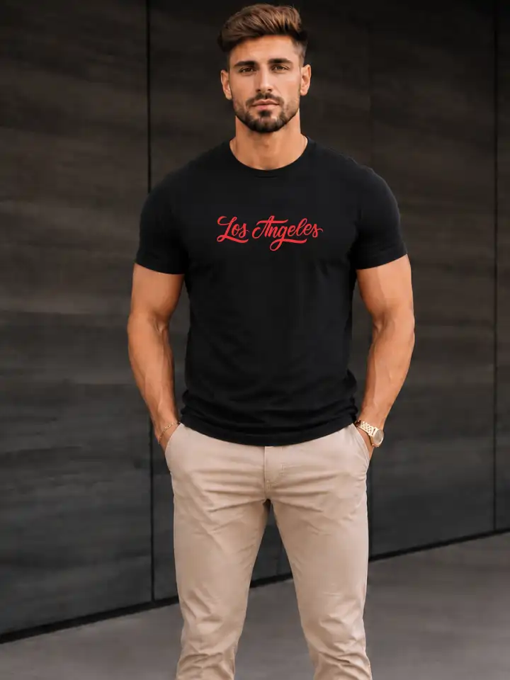 Camiseta Masculina Los Angeles Preta 100% Algodão 30.1 Penteado (Estampa vermelha) - Image 2