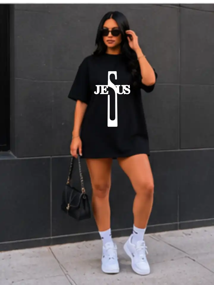 Camiseta feminina Preta 100% algodão 30.1 penteado premium (estampa Jesus) - Image 5
